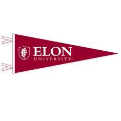 the elon university logo is shown on a red pennant that reads,'elon university