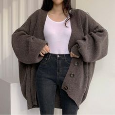 #ad Great Shopping Women Oversized Cardigan Sweater Button Down Lantern Sleeve Knit Coat Knitwear, Fashion Sweaters Women Long Cardigan, Lantern Sleeve Sweater, Coffee Sweater, Oversized Sweater Women, Gilet Long, Pullover Outfit, Brown Cardigan, Fall Winter Wardrobe, Button Sweater