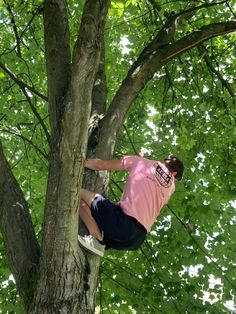 a man climbing up the side of a tree