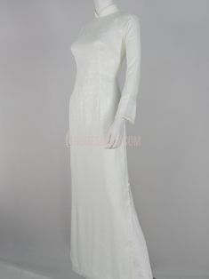 Áo dài trắng lụa gấm Thái Tuấn Neck Dress, High Neck Dress, High Neck, White Dress, Size 10, Silk, White