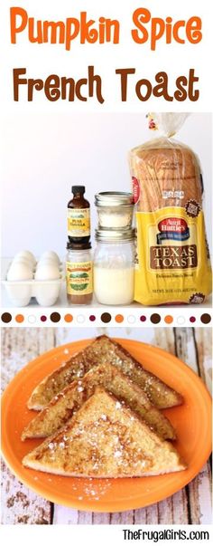 pumpkin spice french toast with powdered sugar on top and an orange plate full of bread