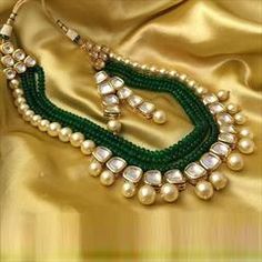 Gold Rodium Polish Green color Necklace in Metal Alloy studded with Kundan Navratri Ornaments, Mala Design, Jewelry Fabric, Kundan Jewellery Set, Happy Dhanteras, Choker Necklace Designs, Kundan Necklace Set, Kundan Jewelry, Pearl Necklace Designs