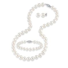 Treat her to a perfectly matching cultured freshwater pearl necklace, bracelet and earrings set and enjoy the instant beauty and sophistication. Lustrous 8.0-9.0mm cultured freshwater pearls are hand strung to create the strand and matching bracelet. Buffed to a brilliant shine, both the 17.0-inch strand and the 7.5-inch bracelet secure with 10K white gold filigree fish hook clasps. Friction backs secure the stud earrings, which rest upon 10K white gold post settings. Beautifully boxed, this set Zales Jewelry, Real Pearl Necklace, Pearl Strands Necklace, Pearl Necklace Earrings, Earring Box, Pearl Jewelry Sets, Cultured Pearl Necklace, Gold Pearl Necklace, Red Jewelry