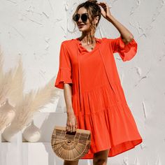 New Fashion Casual V-neck Women's Dress Elegant Loose Print Patchwork Flare Sleeve Beach Party Summer Dresses for Femme Summer Vacation V-neck Dress With Split Neck, Chic V-neck Summer Dress For Vacation, V-neck Beachwear Midi Dress For Beach Party, V-neck Beach Dress For Vacation, Chic V-neck Dress For Beach Party, Short Sleeve V-neck Dress For Summer Vacation, Summer V-neck Mini Dress For Brunch, Beach Season V-neck Sundress, Summer Vacation V-neck Dress With Short Sleeves