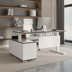 an office desk with two chairs and a computer