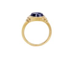 Perfectly balancing vibrant color with modern-meets-classic design, this Sorellina ring has a subtle symbolism and easy-to-wear vibe. Set at the center of the oval 18K yellow gold signet ring face is a cobalt blue lapis tablet engraved with a crescent moon. Set on each side are two tiers of pavé white diamonds and the composition is centered on the polished 18K yellow gold band. 18K yellow gold ring face : 1/2" x 5/8"lapis : 11mm x 9mm : 5.30ctdiamonds : 1mm diameter each : .08cttw : G - H / SI1 Formal Oval Engraved Ring With Bezel Setting, Formal Oval Enamel Ring In 14k Gold, 14k Gold Oval Enamel Ring For Formal Occasions, Oval 14k Gold Enamel Ring For Formal Occasions, Oval 14k Gold Enamel Ring Fine Jewelry, Formal Oval 14k Gold Enamel Ring, Luxury Oval Signet Ring With Bezel Setting, Fine Jewelry Engraved Oval Ring With Bezel Setting, Fine Jewelry Yellow Gold Oval Enamel Ring