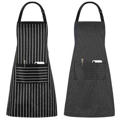 two black and white striped aprons with pockets