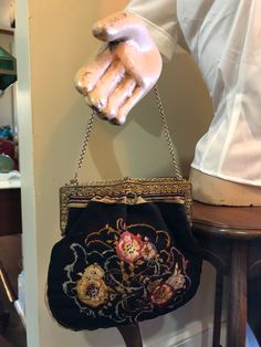 "Thank You If You Favored One of My Items! You Will Receive 10% Off an Item of Your Choice, Unless It is on Sale, CODE17. Thank you. 1920's PETIT POINT Bags/Petit Point Handbags/Petit Point Purses/20's Handbags/Needlepoint Purses/Antique Purses/Near MINT Condition 1920's Morgan Reeves Petit Point Handbag Ornate Purse Frame in Brass Gorgeous Pansy Design and a Pretty Stripe Pattern Around the Sides and Bottom Patented February 9, 1926 (engraved on the inside top of the frame) You open this Lovely Retro Embroidered Evening Bags, Antique Embroidered Evening Bags, Vintage Embroidered Evening Bags, Embroidered Rectangular Bag For Vintage Events, Embroidered Rectangular Bags For Vintage Events, Rectangular Embroidered Bags For Vintage Events, Victorian Embroidered Evening Bags, Traditional Handmade Bags For Vintage Events, Vintage Embroidered Formal Bags