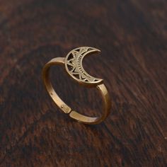 "Crescent Moon Ring, Half Moon Ring, Gold Boho Ring, Vintage Celtic Moon Ring, Lunar Ring, Adjustable Ring, Gift For Her, Minimalist ring ♥ DETAILS ♥ *Materials: Brass *Size: All sizes are available. ♥ DELIVERY ♥ *IMPORTANT: Before placing an order, please double-check check your delivery address is correct and complete to avoid delays and lost packages. *You can return your purchased item within 15 days after successful delivery. *We offer a 100% \"Money Back Guarantee\" if you are not satisfie Moon Rings Aesthetic, Moon Ring Gold, Gold Moon Ring, Bohemian Moon Charm Ring, Minimalist Crescent Moon Charm Ring, Adjustable Celestial Moon Midi Rings, Adjustable Moon Shaped Celestial Midi Rings, Adjustable Moon-shaped Celestial Midi Rings, Minimalist Adjustable Crescent Ring