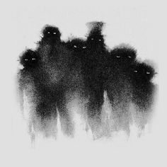 black and white photograph of silhouettes of people walking in the snow with their faces obscured by fog