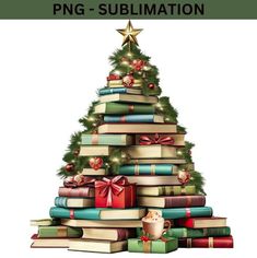 a christmas tree made out of books with presents around it and the words png - sublimation