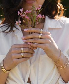 Thick banded ring with floral pattern. Gold Filled or Sterling Silver. Sizes Available: 4-15. If you need another size, please contact us. Pictured on models index finger. Handmade for you in our Long Beach, CA studio. Comes with branded pouch. Free shipping on orders $150+ Adjustable Rings For Everyday Wear, Adjustable Everyday Ring, Double Band Midi Rings For Gift, Gold Promise Rings For Spring, Adjustable Delicate Midi Rings, Everyday Open Band Jewelry, Everyday Toe Ring, Dainty Spring Wedding Rings, Adjustable Rings For Spring Promise Ring