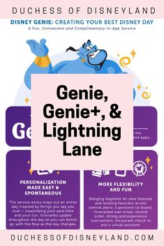 the poster for disney land's genie, genie, and lightening lane