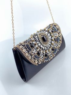 Retro Beaded Women's Clutch Black PU Leather Chain Shoulder Bag – Luxy Moon Luxury Black Beaded Evening Bag, Luxury Beaded Shoulder Bag For Fashion, Luxury Beaded Handheld Evening Bag, Luxury Handheld Beaded Evening Bag, Elegant Handheld Beaded Evening Bag, Elegant Pouch Bags As Fashion Accessory, Elegant Luxury Shoulder Bag, Elegant Black Beaded Bags, Luxury Beaded Clutch Shoulder Bag