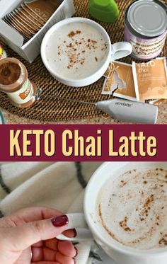 there is a cup of keto chai latte on the table with other ingredients