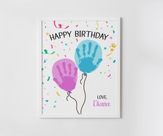 a birthday card with two handprints and confetti on the bottom one