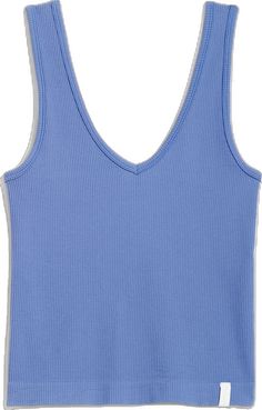 Stretch Seamless V-neck Knit Top, Stretch Ribbed V-neck Tank Top, Blue Ribbed V-neck Tank Top, Seamless V-neck Summer Tops, Seamless Stretch V-neck Knit Top, Stretch Ribbed Knit Top With V-neck, Casual V-neck Tank Top With Seamless Construction, Seamless V-neck Knit Top, Casual V-neck Seamless Tops