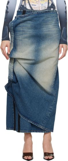 Non-stretch denim midi skirt. Fading and whiskering throughout. · Wrap construction · Adjustable velcro fastening at front for alternate styling · Logo patch at back · Vent at back hem · Contrast stitching in tan Supplier color: Faded blue Denim Wrap Skirt, Trends 2025, Y Project, Denim Maxi Skirt, Denim Midi Skirt, Contrast Stitch, Wrap Skirt, Stretch Denim, Patch Logo