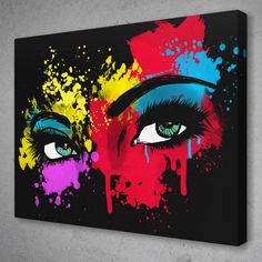 an abstract painting of two women's eyes with colorful paint splatters on them