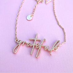 Stunning Gold Necklace With The Word “Grateful” In Cursive, Adorned With Clear Crystals. Brand New In Packaging. 18” In Length Word Necklace Ideas, Empress Energy, Pretty Gifts, Mirror Framed, In Cursive, Autumn Scenery, Jewelry Lookbook, Clear Crystals, Pretty Gift