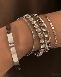 Lasaky - Set of Five Womens Fashion Bracelets Featuring Elegant Faux Diamond Accents and Geometric Cutouts Silver Bracelet Stack, Wedding Bride Jewelry, Bracelet Set Silver, Bracelets Design, Hair Accessories Gift, Simple Bracelets, Hand Jewelry, Rhinestone Bracelet, Retro Stil