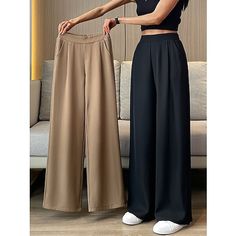 Season:Fall,Summer; Fabric:Polyester; Gender:Women's; Style:Fashion,Streetwear,Elegant; Elasticity:Micro-elastic; Occasion:Street,Going out,Work,Business; Function:Breathability,Comfortable,Soft,Comfort; Waistline:High Waist; Pattern:Plain,Maillard; Design:Pocket,Baggy,High Cut; Pants Type:Dress Pants,Pants Trousers,Wide Leg,Baggy Pants; Front page:FF; Listing Date:07/24/2023; Production mode:External procurement; Hips:; Length:; Pants Length:Full Length Moda Streetwear, Streetwear Mode, Womens Khakis, Casual Wide Leg Pants, High Waist Fashion, Palau, Spring Women, Womens Dress Pants, Pantalon Large