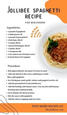 the recipe for spaghetti is shown in an orange and white poster