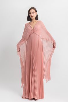 Description Pink A-line, Long dress Cape shape, Long Sleeves V-Neck Chiffon Dry Clean Evening Dress Made in Lebanon EDSS23 1830LD Marchesa Couture, Pleated Chiffon Dress, Pink Chiffon Dress, Mermaid Top, Dress Cape, Midi Dress Style, Pleated Chiffon, Cape Sleeves, Long Midi Dress