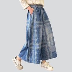 Take a stylish leap back to the Y2K era with our mesmerizing 2023 Summer Collection Ornament Print Culottes Denim Pants! This high-waisted. vibrant masterpiece is the perfect tribute to the millennium's iconic fashion sense. blending today's fashion ethos with a timeless Y2K vibe.Why You'll Fall In Love: Painted Prints: Adorned with intricately painted prints. these culottes are an ode to modern artistry. adding a touch of allure to your look. Rich and Radiant Color: The perfect balance between Blue Cotton Wide-leg Jeans, Bohemian Cotton Jeans With Pockets, Trendy Blue Cotton Wide Leg Pants, Bohemian High Waist Flare Jeans For Summer, Indigo Cotton Flare Jeans With Pockets, Indigo Flare Jeans With Pockets, Fall Cotton Wide-leg Cropped Jeans, Denim Blue Ankle-length Cotton Jeans, Indigo Cotton Pants For Summer