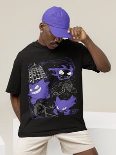 "UNISEX - Gengar Ghastly T-Shirt, Video Game T-Shirt, Ghost Type element Silhouette, Japanese Anime * 100% ring-spun cotton* * Fabric weight: 4.5 oz/y² (153 g/m²) * Pre-shrunk for extra durability * Shoulder-to-shoulder taping Washing & care instructions: Machine wash cold, inside-out, gentle cycle with mild detergent and similar colors. Use non-chlorine bleach, only when necessary. No fabric softeners. Tumble dry low, or hang-dry for longest life. Cool iron inside-out if necessary. Do not iron decoration. Do not dry clean. ---------- UNISEX T-SHIRT size chart: (Inches) S = 28\" body length x 18\" body width M = 29\" body length x 20\" body width L = 30\" body length x 22\" body width XL = 31\" body length x 24\" body width XXL = 32.5\" body length x 26\" body width XXXL = 33 ½ \" body len Shirt Video, Ghost Type, Sick Designs, Video Game T Shirts, Japanese Anime, Shoulder Taping, Video Game, Fabric Weights, Spun Cotton