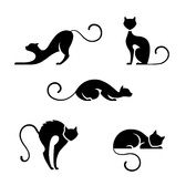 black cats silhouettes on white background, set of four different poses stock photo - image