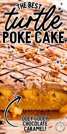 the best turtle poke cake with chocolate caramel frosting on top is shown in this advertisement