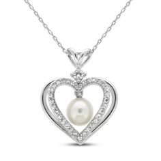 This beautiful necklace for her features a double heart pendant set in sterling silver. The inner heart is traced in sparkling white lab-created sapphires, and a classic freshwater cultured pearl sits at the pendant's center. The pendant sways from an 18-inch cable chain and secures with a lobster clasp. Silver Pearl Heart Pendant Necklace, Valentine's Day Silver Pearl Heart Necklace, Elegant Formal Heart Necklace With Birthstone, Silver Pearl Heart Necklace For Valentine's Day, Elegant White Gold Heart Necklace With Birthstone, Elegant Double Heart Birthstone Jewelry, Anniversary Heart Pendant Pearl Necklace, Elegant Silver Heart Necklace With Pearl Charm, Valentine's Day Silver Jewelry With Pearl Pendant