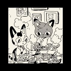 an image of two cats cooking food in the kitchen with another cat looking at it