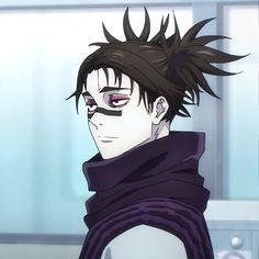 an anime character with black hair and red eyes wearing a purple scarf around his neck