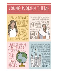 a poster with the words young women theme in different colors and styles, including an image of