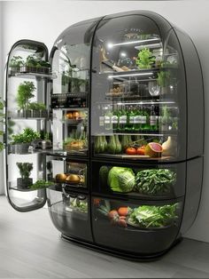 a refrigerator filled with lots of different types of vegetables and plants in it's display case