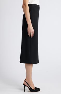 The smooth, stretchy fabric of this streamlined pencil skirt lets you effortlessly transition from desk to dinner. Lined 68% polyester, 28% viscose, 4% spandex Dry clean Imported Classic Midi-length Evening Bottoms, Classic Midi Length Evening Bottoms, Fitted Midi Length Workwear Bottoms, Fitted Midi Length Bottoms For Workwear, Classic Formal Skirt In Elastane, Modern Midi Length Lined Skirt, Formal Midi Pencil Skirt, Formal Classic Elastane Skirt, Classic Formal Elastane Skirt