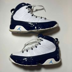 Air Jordan 9 Retro 'UNC' US Mens Size 12 302370-145 Basketball Shoes 2019 Navy Blue Sneakers 100% Authentic White IX Jumpman Kicks Item will be shipped in a package/box, contact me if you have a preference, condition as is in pictures, if you have any questions, comments or concerns please contact me at anytime, I want to make sure the customer is happy with the purchase and that we can come to a happy conclusion, check me out on social media if you want more pictures, thank you!  Shoes are in g Navy Lace-up Sneakers For Sports, Navy High-top Sneakers With Boost Midsole For Sports, Navy Low-top Skate Shoes For Sports, Navy Cushioned Basketball Shoes For Streetwear, Blue Breathable Lace-up Jordan Shoes, Navy Low-top Basketball Shoes With Cushioned Footbed, Fade-resistant Synthetic Jordan Lace-up Shoes, High-top Jordan Shoes With Boost Midsole For Outdoor, Navy Basketball Shoes With Round Toe