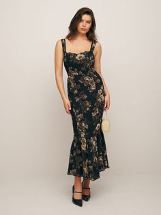 Romance for one.  Shop the Irisa Dress from Reformation, a midi dress with a sweetheart neckline, lace detailing, and a ruffled hem. Formal Wedding Guests, Column Skirt, Guest Attire, Wedding Attire Guest, Reformation Dress, Silky Dress, Reformation Dresses, Georgette Fabric, Wedding Guest Outfit