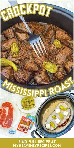 an advertisement for crockpot mississippi roast with meat and vegetables in the bottom left corner