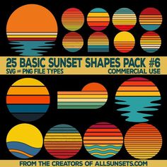 the 25 basic sunset shapes pack is available for use in any type of graphic design