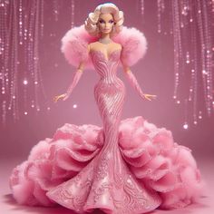 the barbie doll is wearing a pink dress with feathers on it's head and shoulders