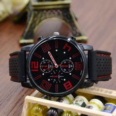 Men's Watches-Men Quartz Analog Watch Silicone Strap Band Round Dial Sport Wristwatch Model Number:4001040539547 Analog Watch, Men's Watches, Omega Watch, Leather Watch, Wrist Watch, Band, Red