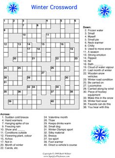 the winter crossword puzzle is shown with snowflakes and words to describe it