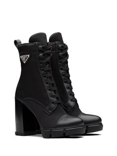 Prada triangle-logo 110mm Boots - Farfetch Combat Boots Heels, Dr Shoes, Ankle Sandals, Toes Designs, Black Pumps Heels, Lace Up Booties, Stiletto Sandals, Triangle Logo, Black High Heels