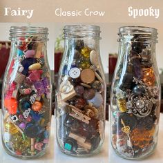 ✨Your jar will be filled with mystery treasures perfect for crafters & trinket collectors! *Disclaimer* I will scoop new trinkets upon receiving your order - so you won't get the exact same trinkets as shown in the photo Jars are glass unless otherwise noted. They are second-hand so some have slight defects Choose from our 3 mixes: Spooky, Fairy, or Neutral/Classic Crow!  ️ Some examples of the trinkets: Crystals, Enamel Pins, Vintage Costume Jewelry, Figurenes, Charms, Magnets, Keychains, and s Clay Crafts, Spooky Fairy, Crow Core, Goblin Core, Diy Crafts To Do, Coraline, Vintage Costume Jewelry, Crafts To Do, Cute Jewelry