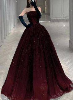 Black And Tulle Shiny Tulle Long Evening Dress Royal Ball Gown Aesthetic Black, Long Dark Dress Aesthetic, Pretty Gown Aesthetic, Dresses For A Queen, Red Fancy Outfits For Women, Dark Red Dress Long Elegant Prom, Black And Red Gown Elegant, Dark Red Gown Elegant, Pretty Gowns Princesses