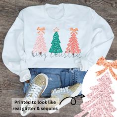 Christmas Trees Faux Glitter Graphic Sweatshirt. Unisex fit and comes in several different colors! Glitter Png, Blue Christmas Tree, Paper Tree, Printed Pillowcases, Blue Garden, Swim Sets, Pink Sand, Christmas Quilt, Party Paper