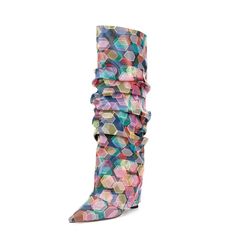 Colorful Slouchy Foldover Boots with Wedge Heel Knee High Boots for Party | Up2Step Trendy Multicolor Party Boots, Multicolor Round Toe Boots For Party, Multicolor High Heel Boots For Spring, Multicolor High Heel Spring Boots, Multicolor Winter Party Boots, Trendy Fall Party Wedge Boots, Multicolor Pointed Toe Party Boots, Spring Party High Heel Wedge Boots, Trendy Summer Boots With Wedge Heel